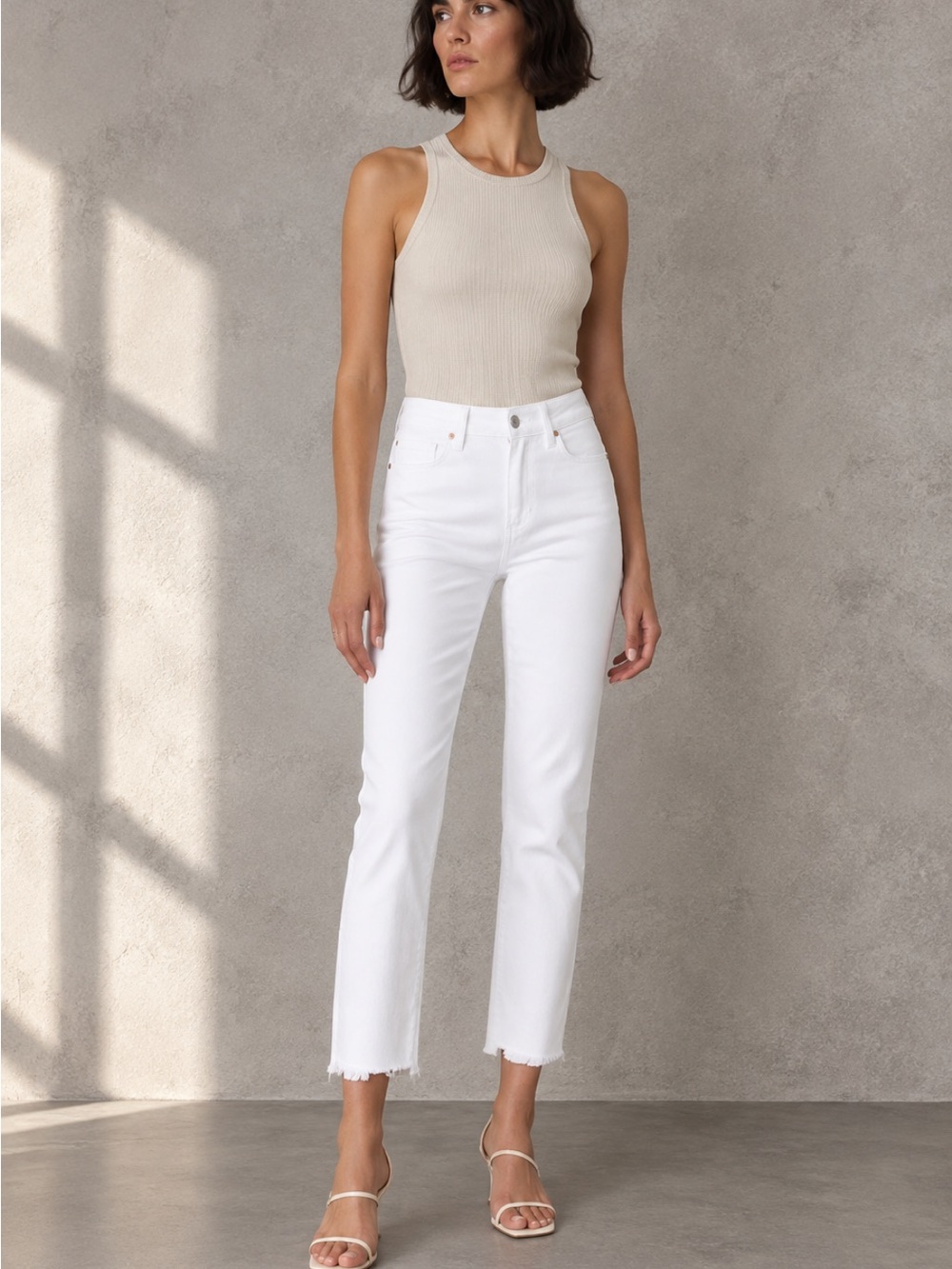 PAIGE Cindy Crop High Rise Straight Jeans Size 25 White Raw Hem